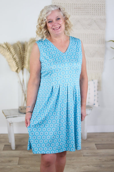 Turquoise Printed Pleated Dress