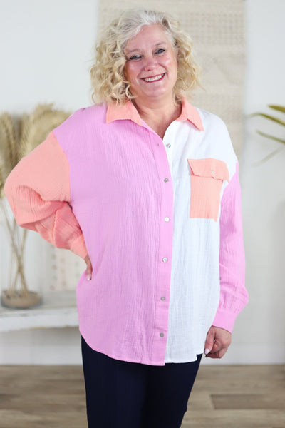 Colorblock Breezy Button Up Top