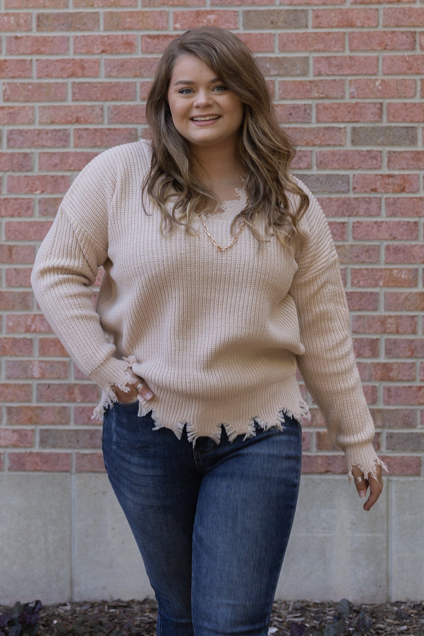 Beige Distressed VNeck Sweater