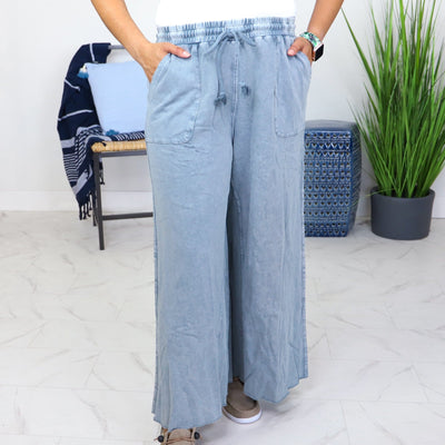 Faded Blue Washed Terry Wide Pant