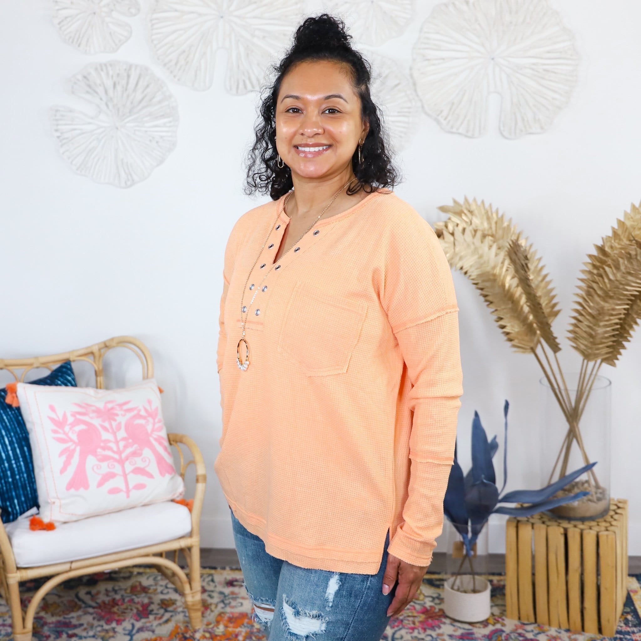 Apricot Waffle L/S Pocket Top