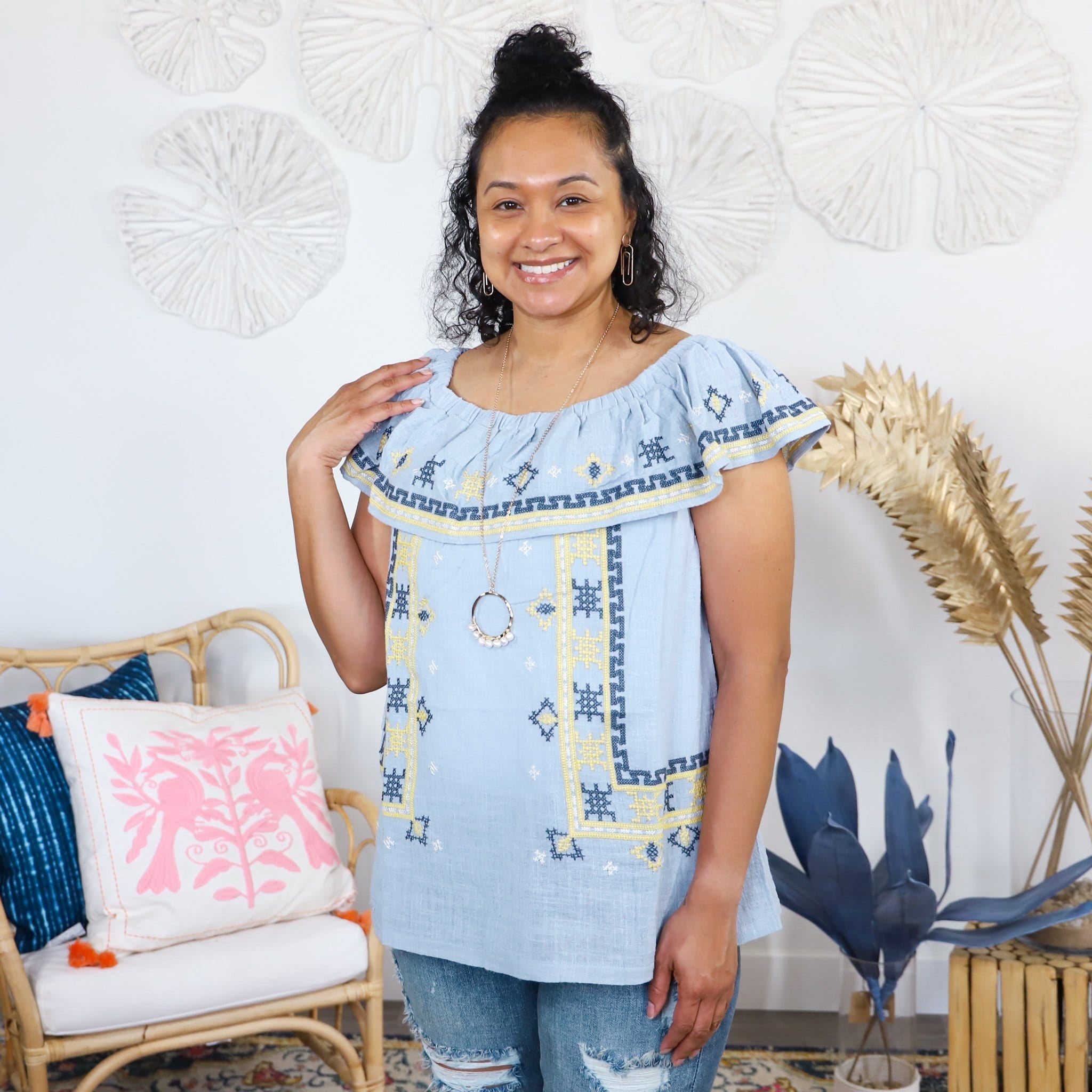 Off Shoulder Cute Ruffle Embroidered Top