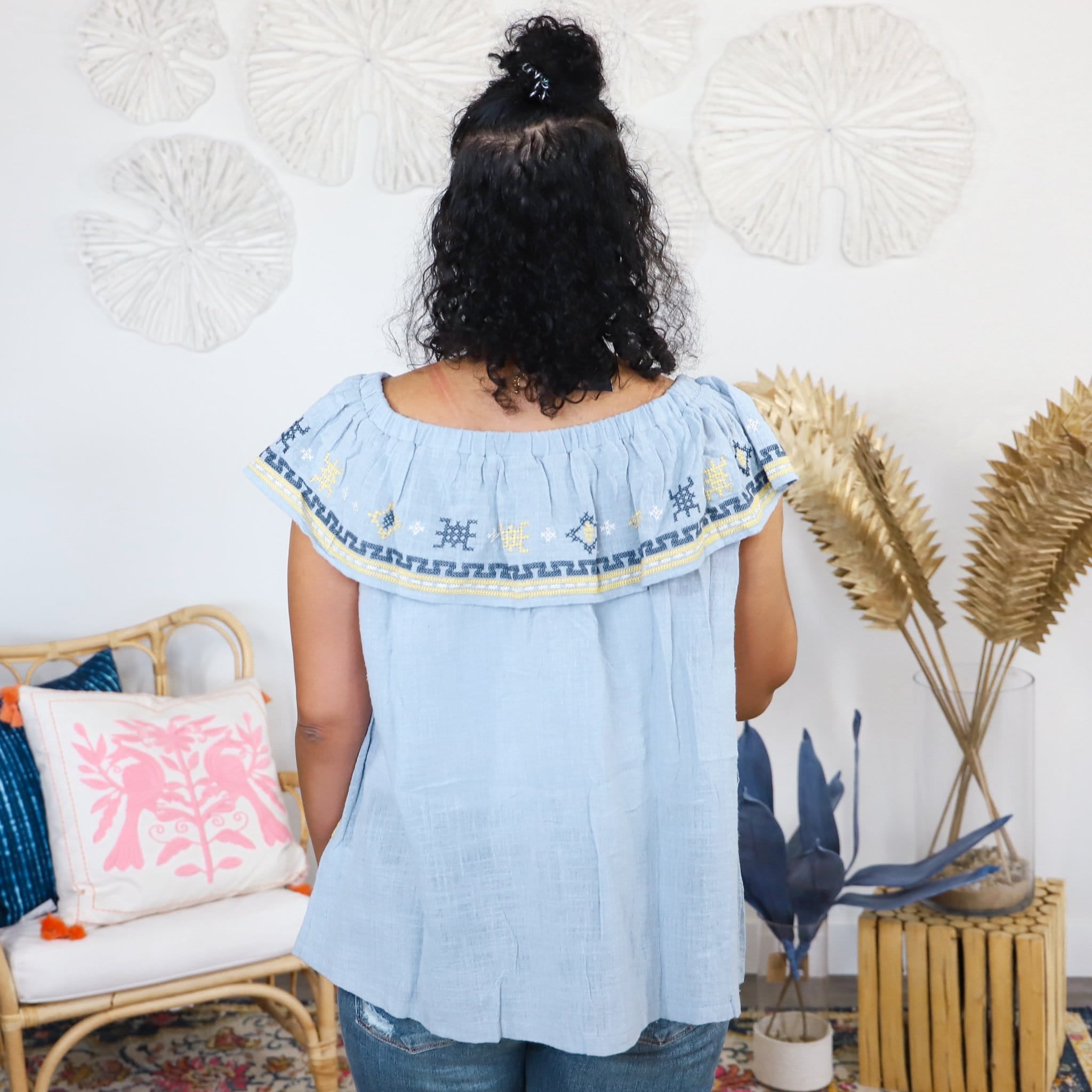 Off Shoulder Cute Ruffle Embroidered Top