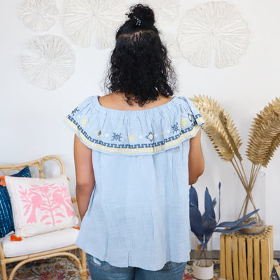 Off Shoulder Cute Ruffle Embroidered Top