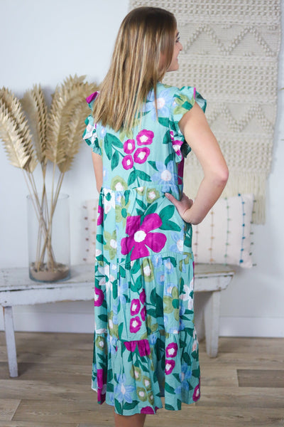Sage Floral Pop Tiered Dress