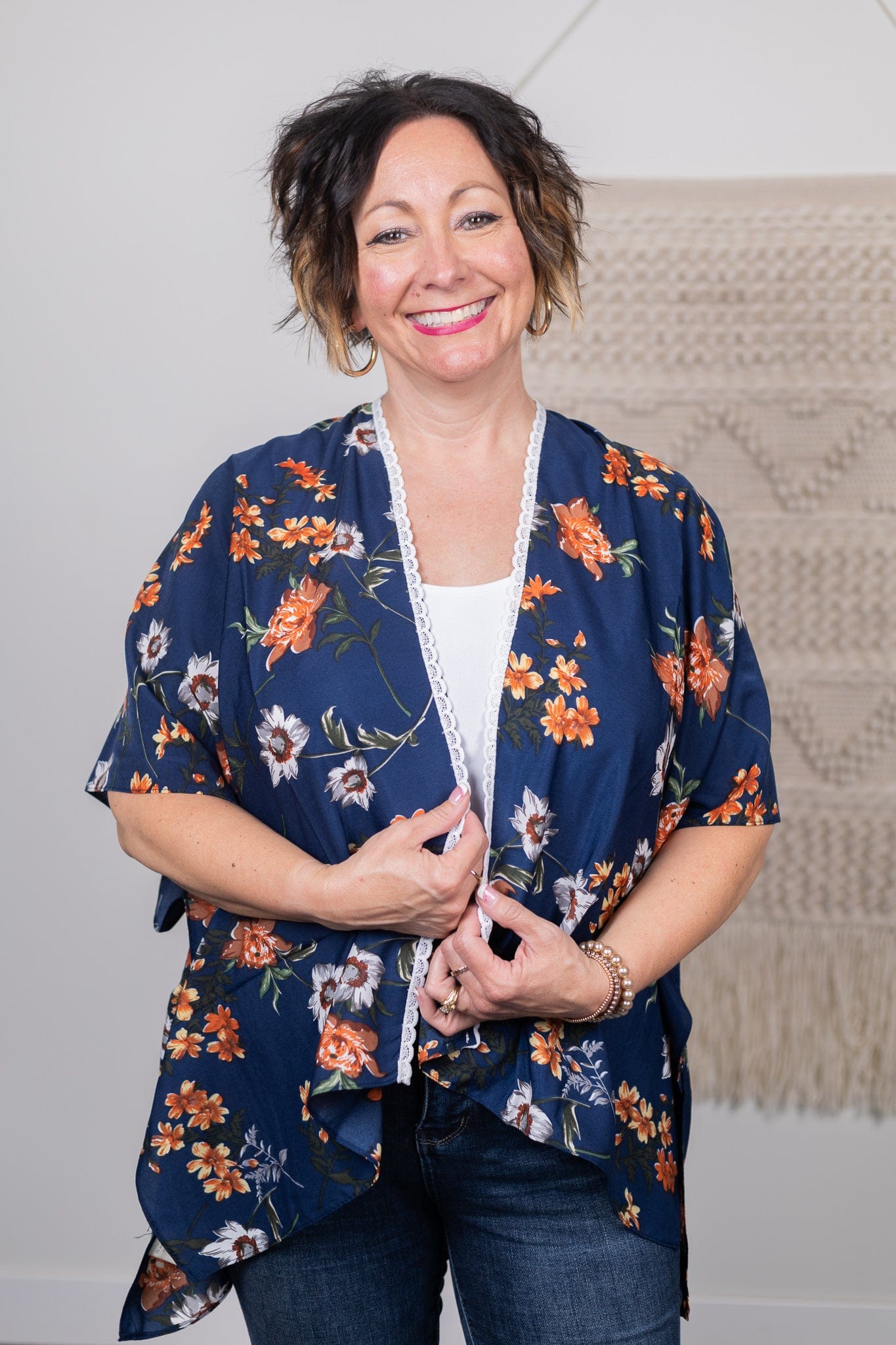 Navy Floral Lace Trim Kimono