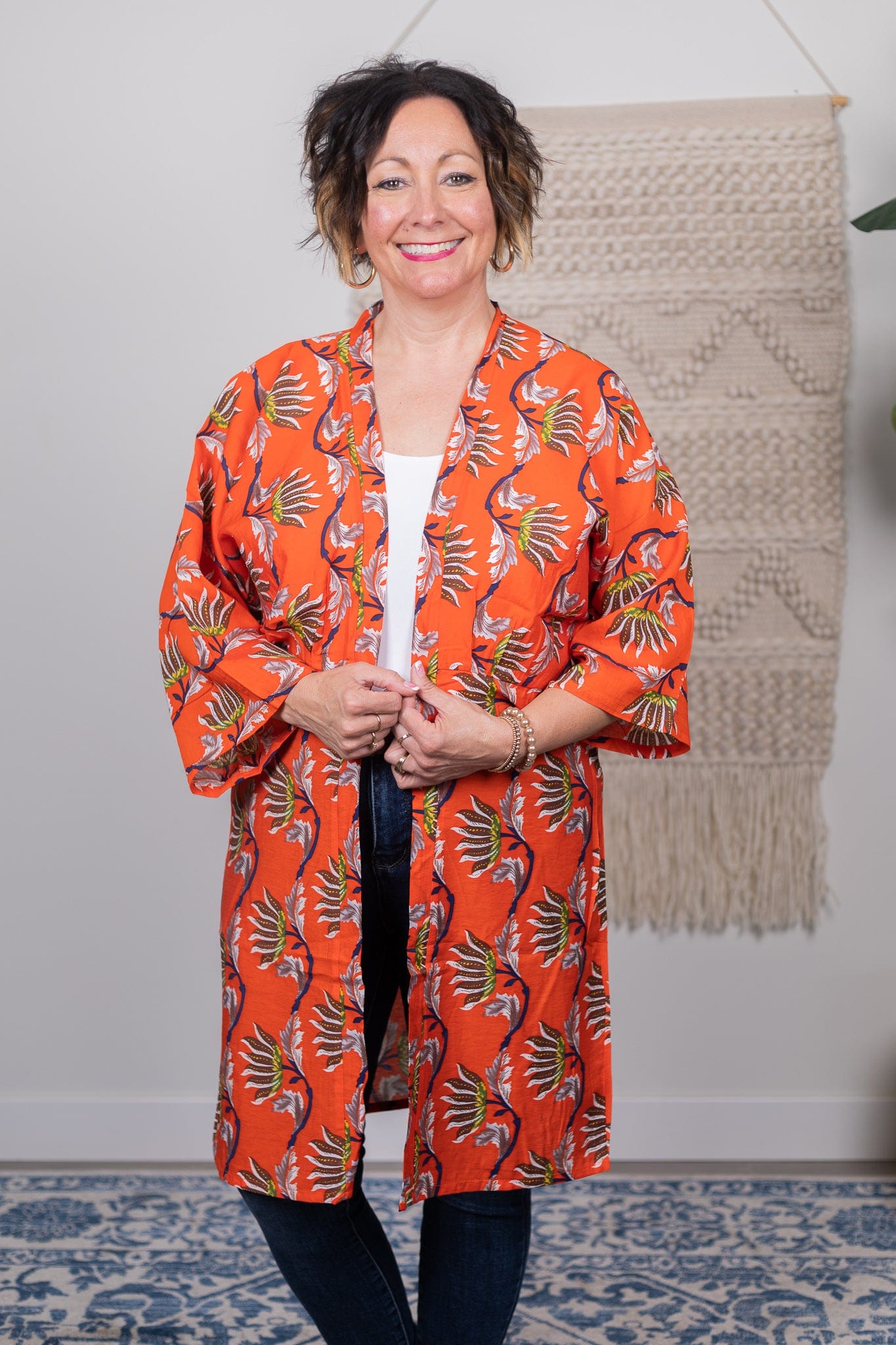 Orange Floral Long Cardigan