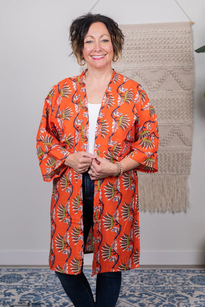 Orange Floral Long Cardigan
