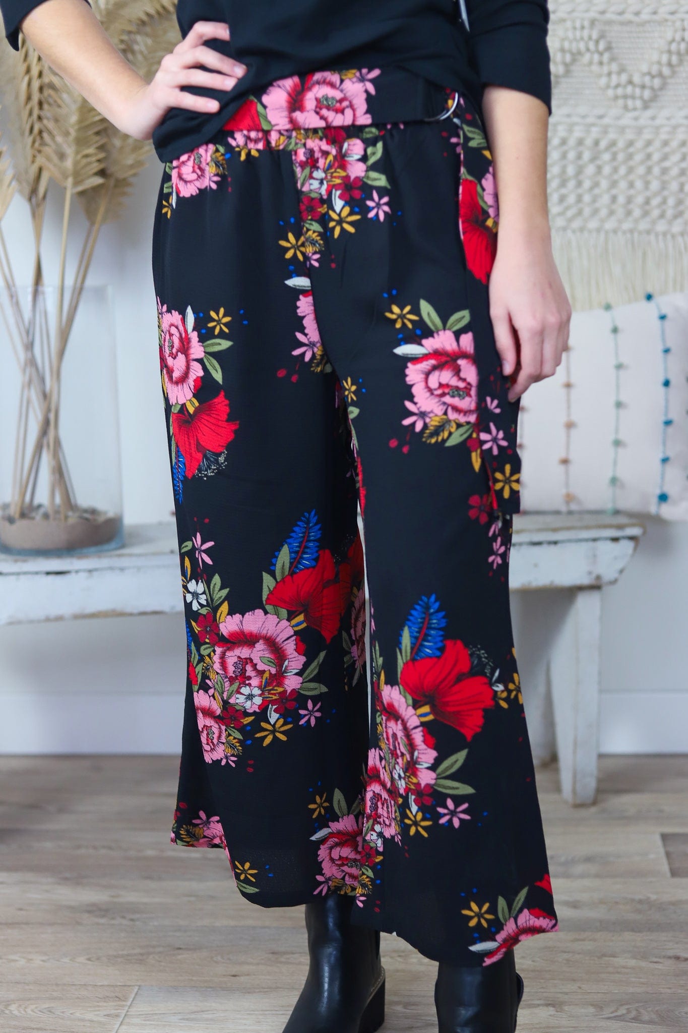 Black Floral Wide Leg Pant
