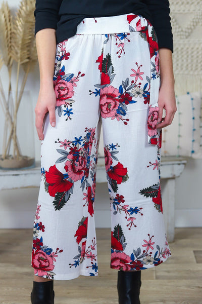 White Floral Wide Leg Pant