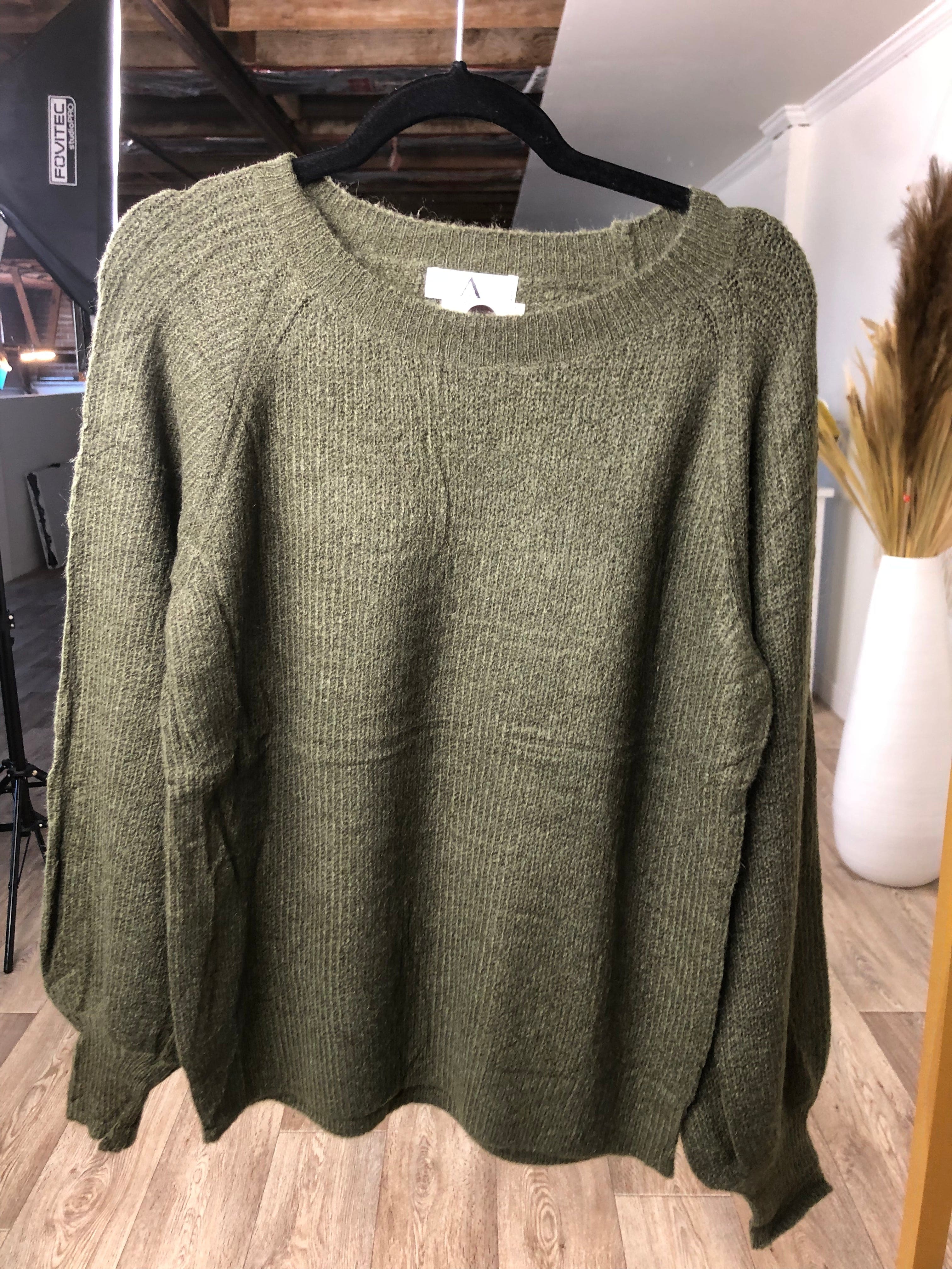 Olive Balloon Sleeve Ribbed Sweater OS