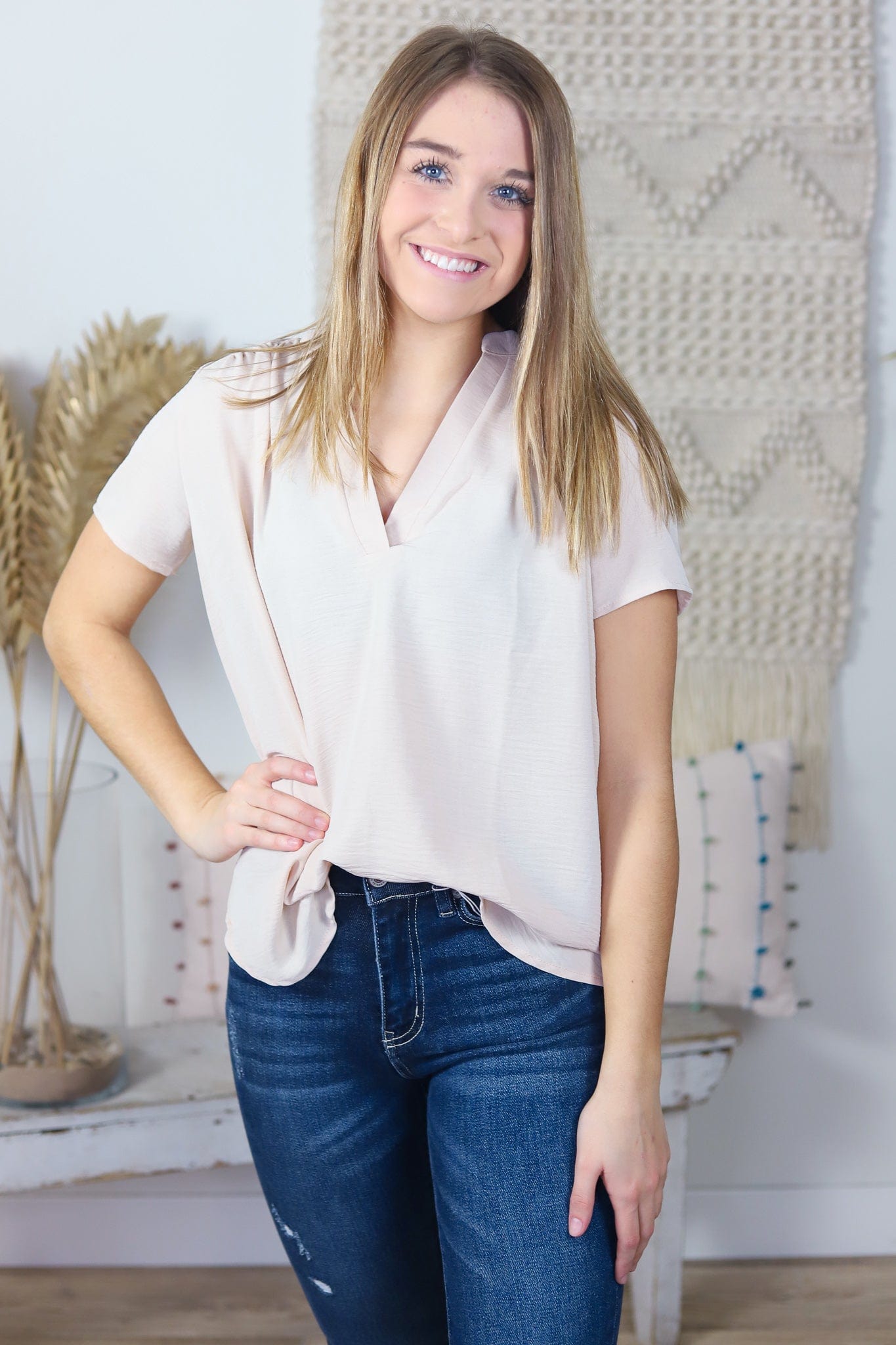 Oatmeal Favorite V-Neck Short Sleeve Blouse