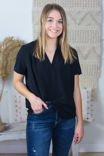 Black Favorite V-Neck Short Sleeve Blouse
