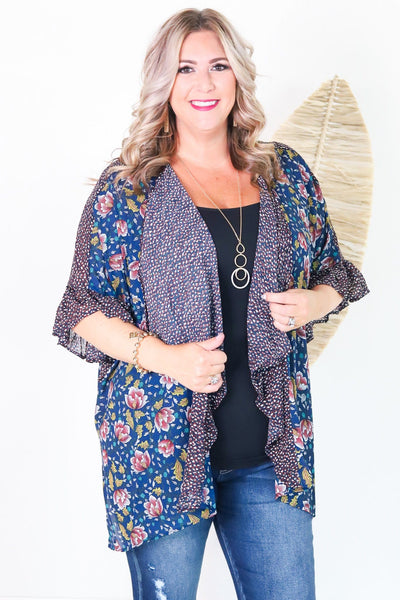 Floral and Animal Print Drape Kimono Navy Mix