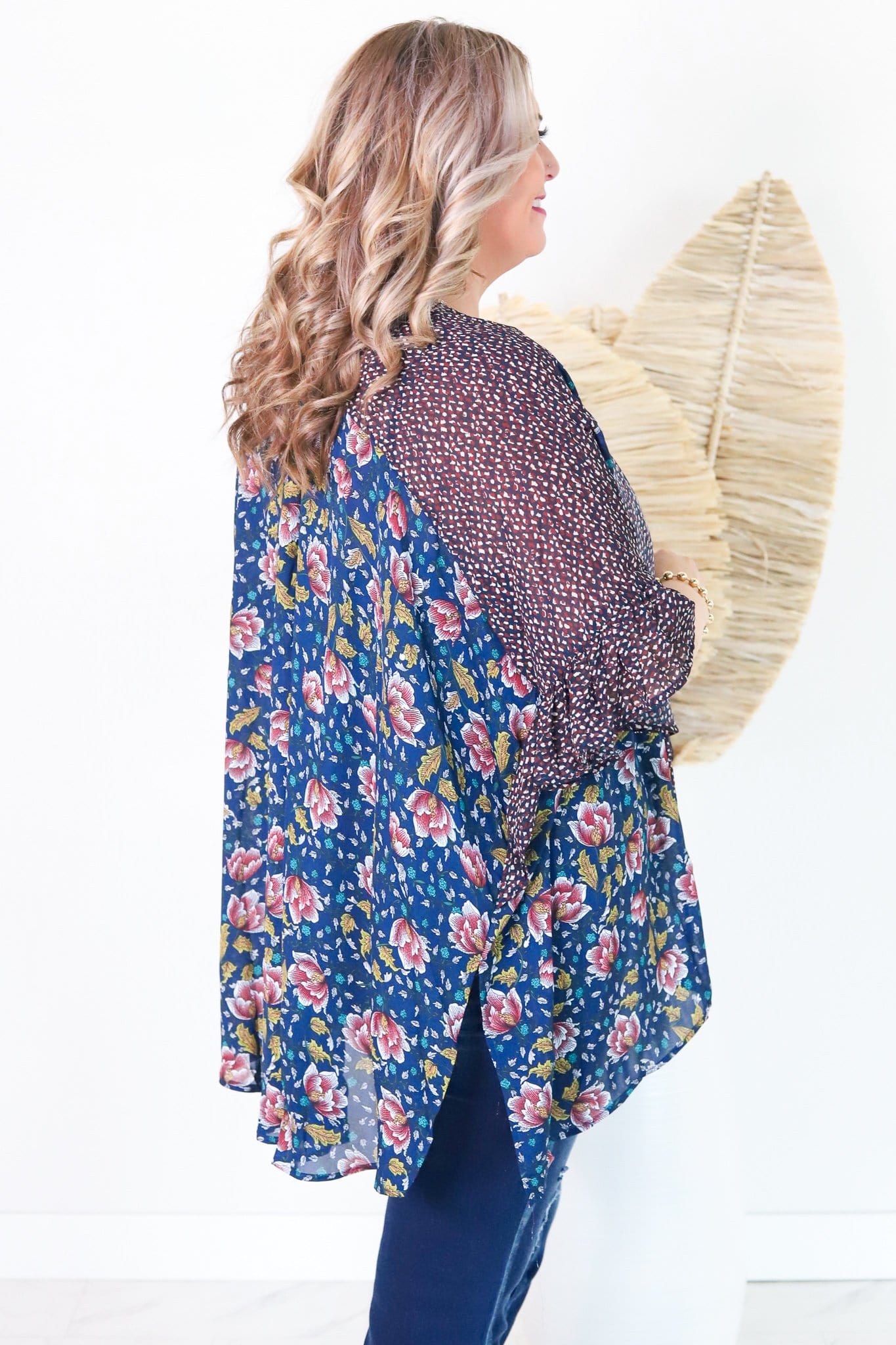 Floral and Animal Print Drape Kimono Navy Mix