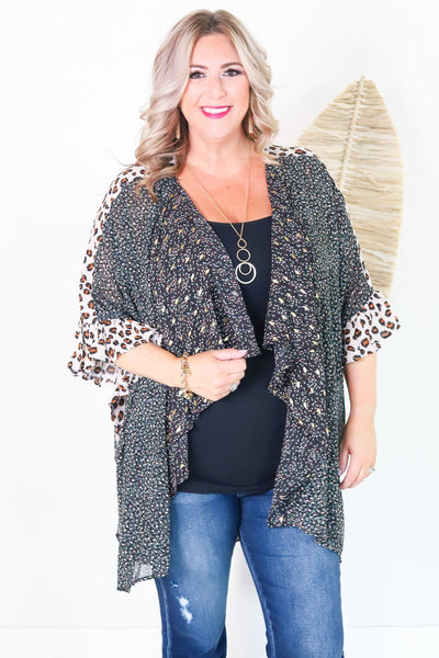 Animal & Floral Print Drape Kimono Black Mix