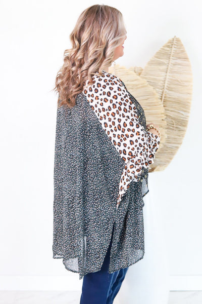 Animal & Floral Print Drape Kimono Black Mix