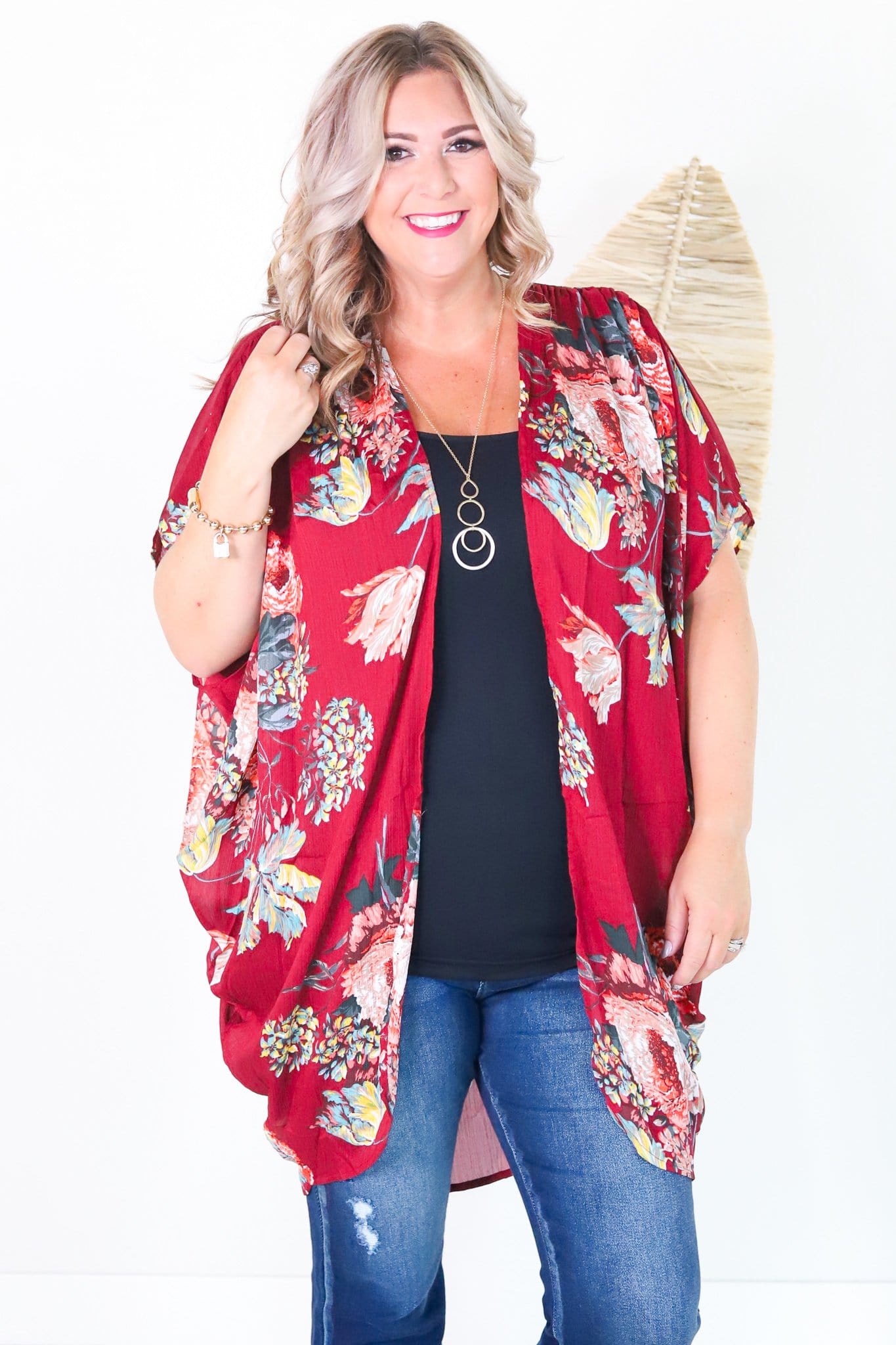 Floral Print open Front Sheer Kimono Wine