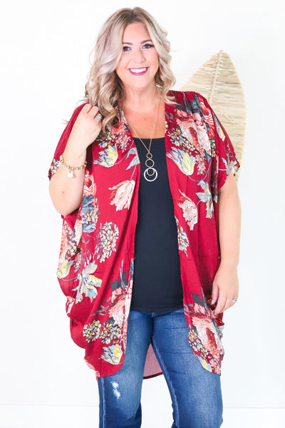 Floral Print open Front Sheer Kimono Wine