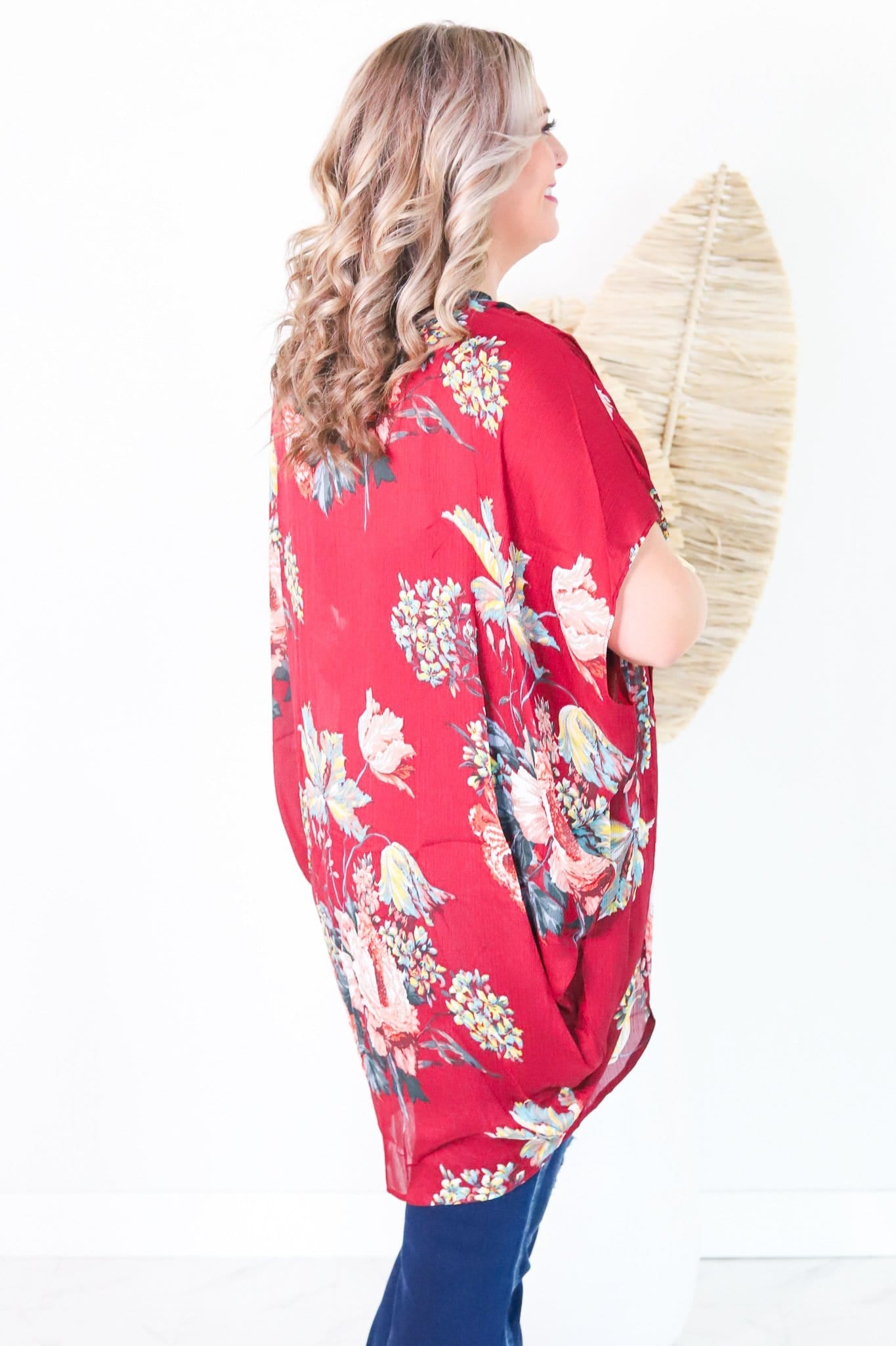 Floral Print open Front Sheer Kimono Wine