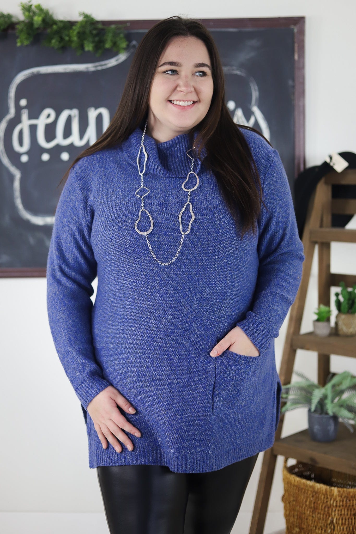 Blue Marled Popover Cowl Neck Sweater