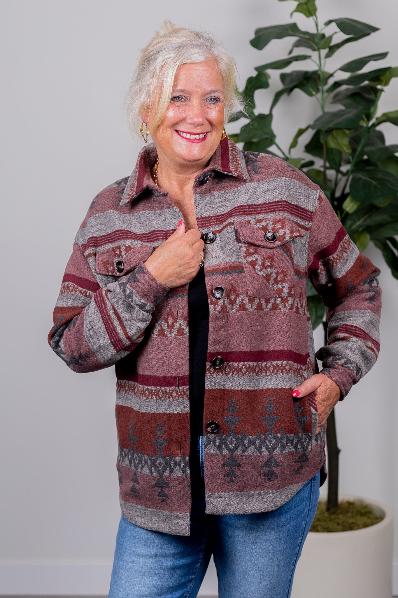Grey & Red Button Down Shacket