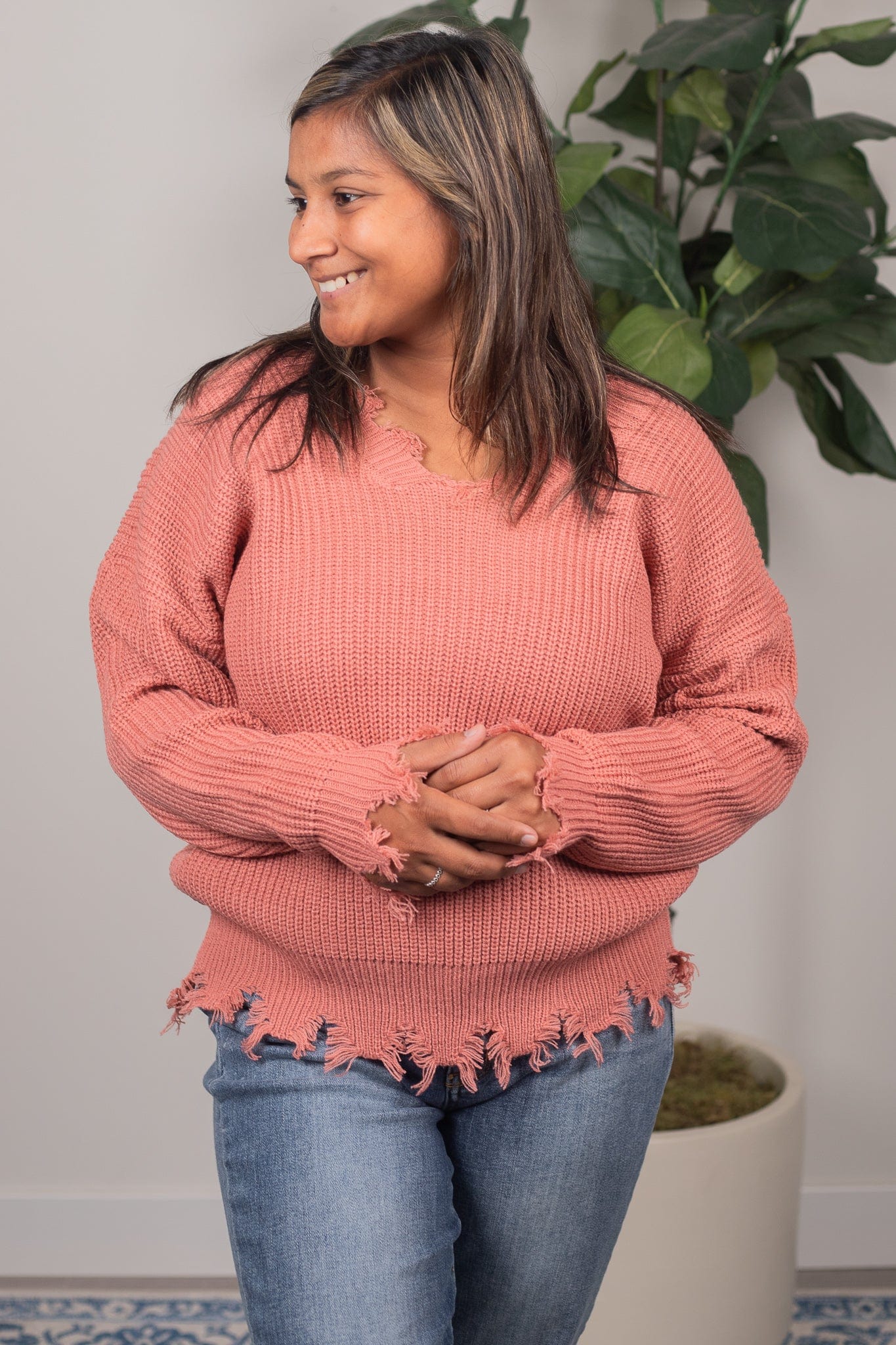 Ash Rose Distressed VNeck Sweater