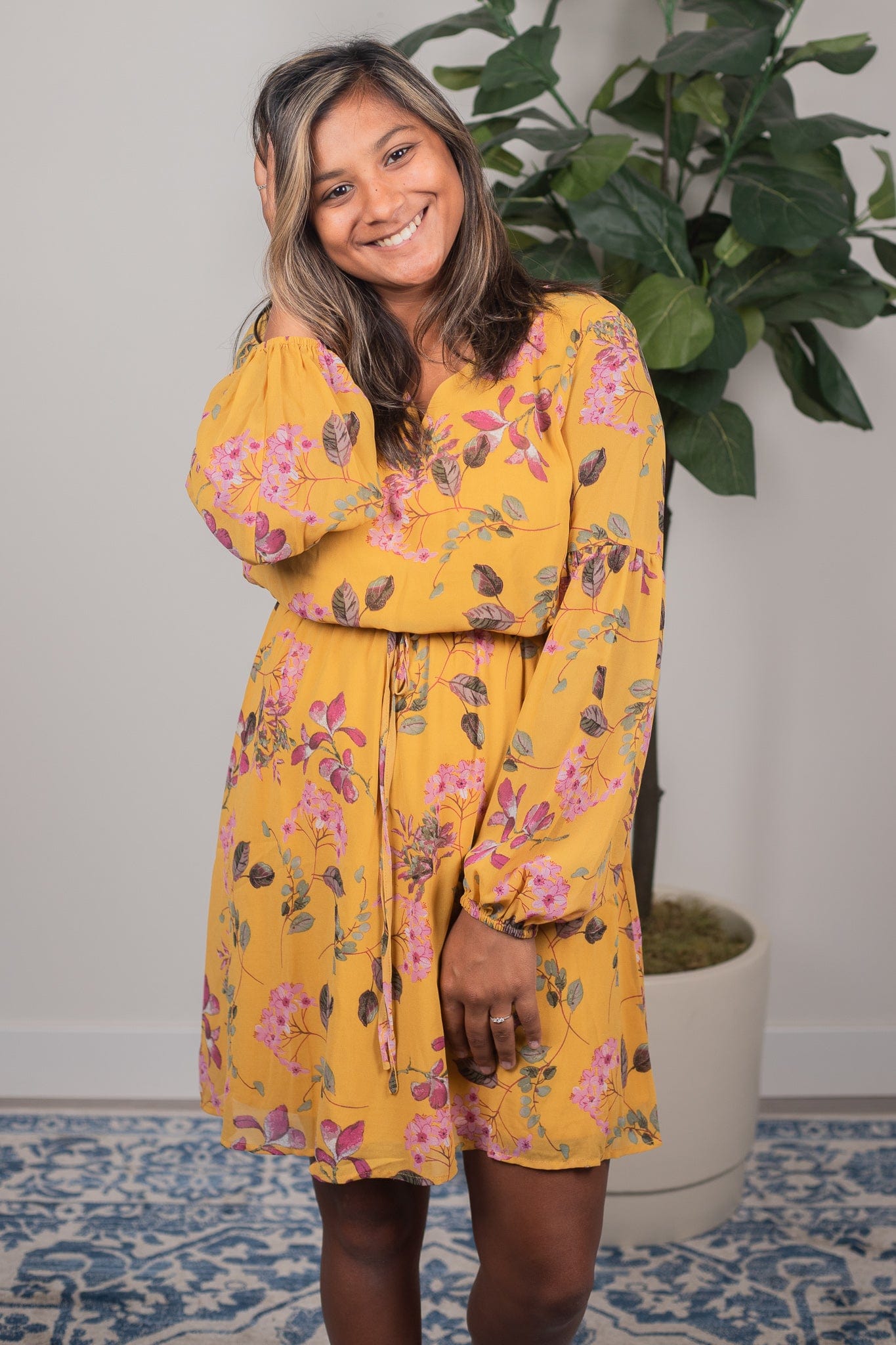 Camel VNeck Chiffon Dress