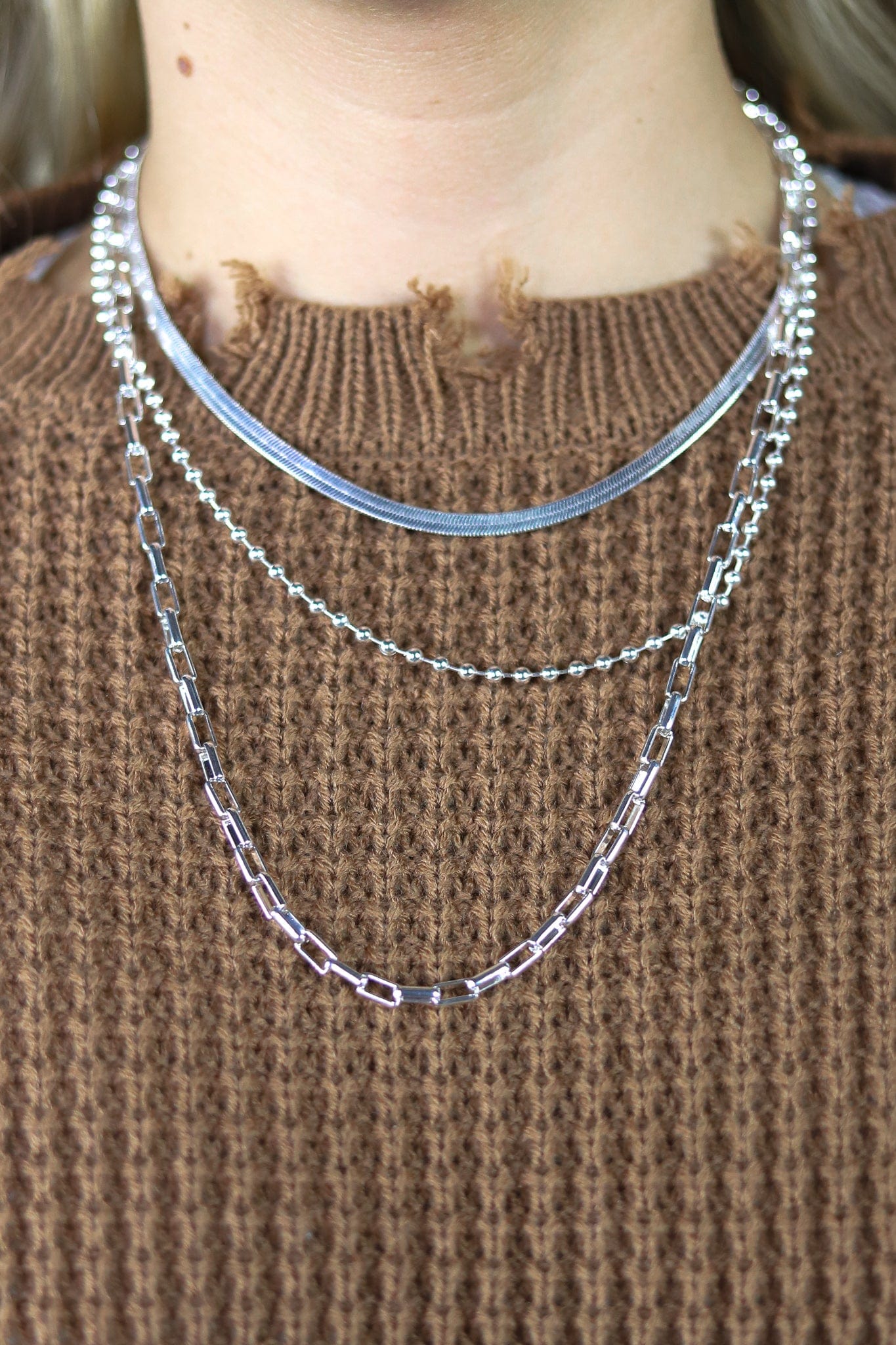 Silver Mix Chain Triple Layer Necklace