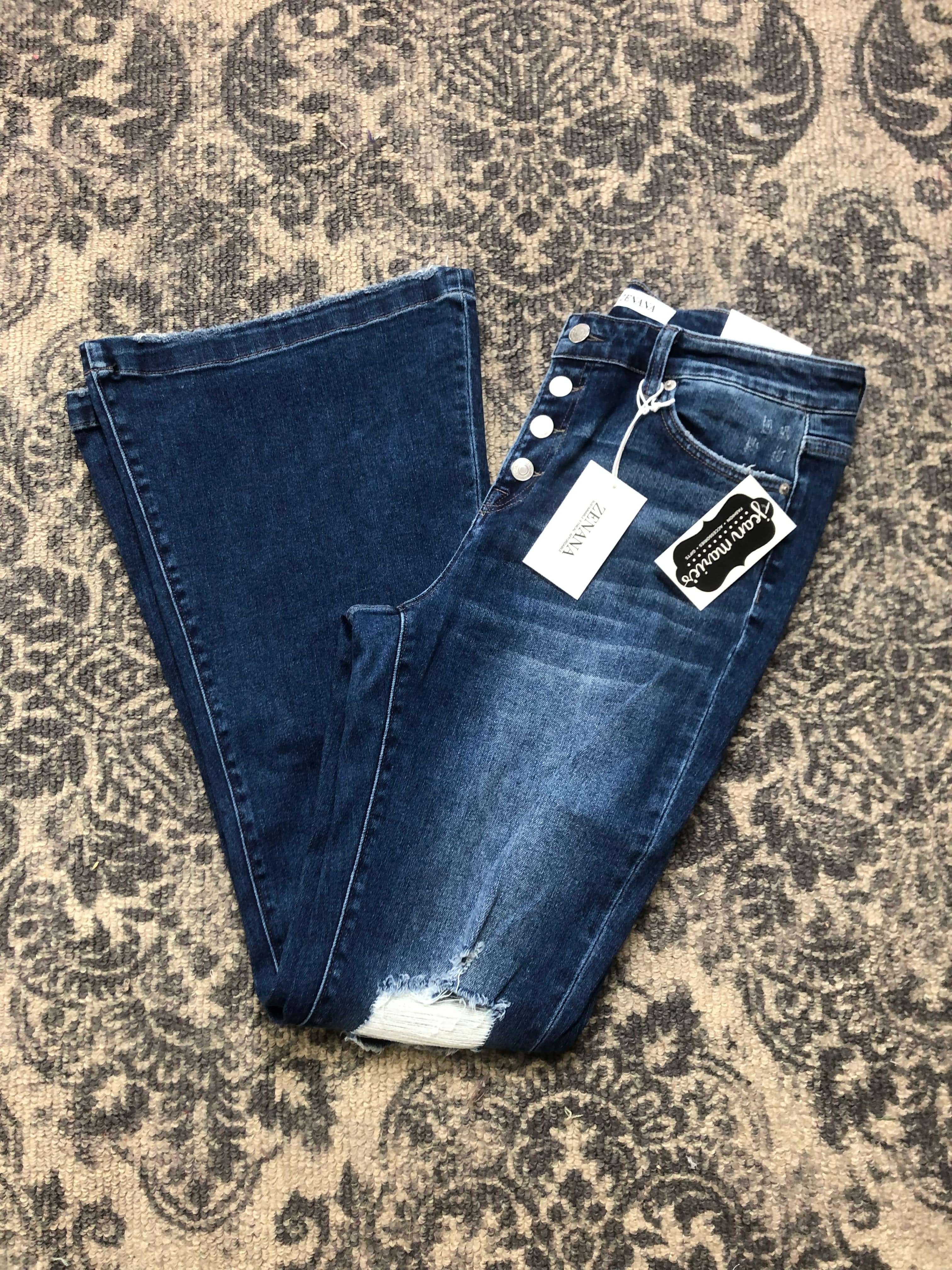 Button Fly Distressed Flare Jean