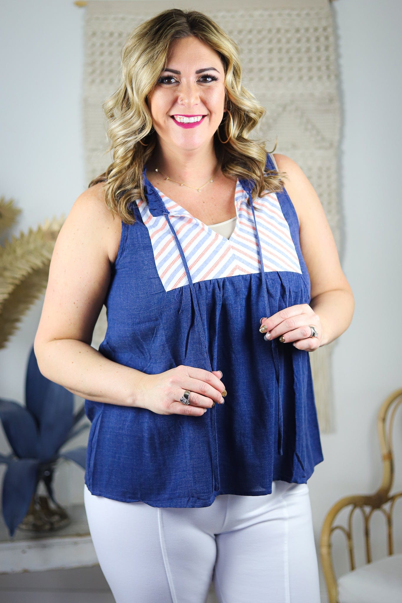 Tie Front Navy Blouse Tank