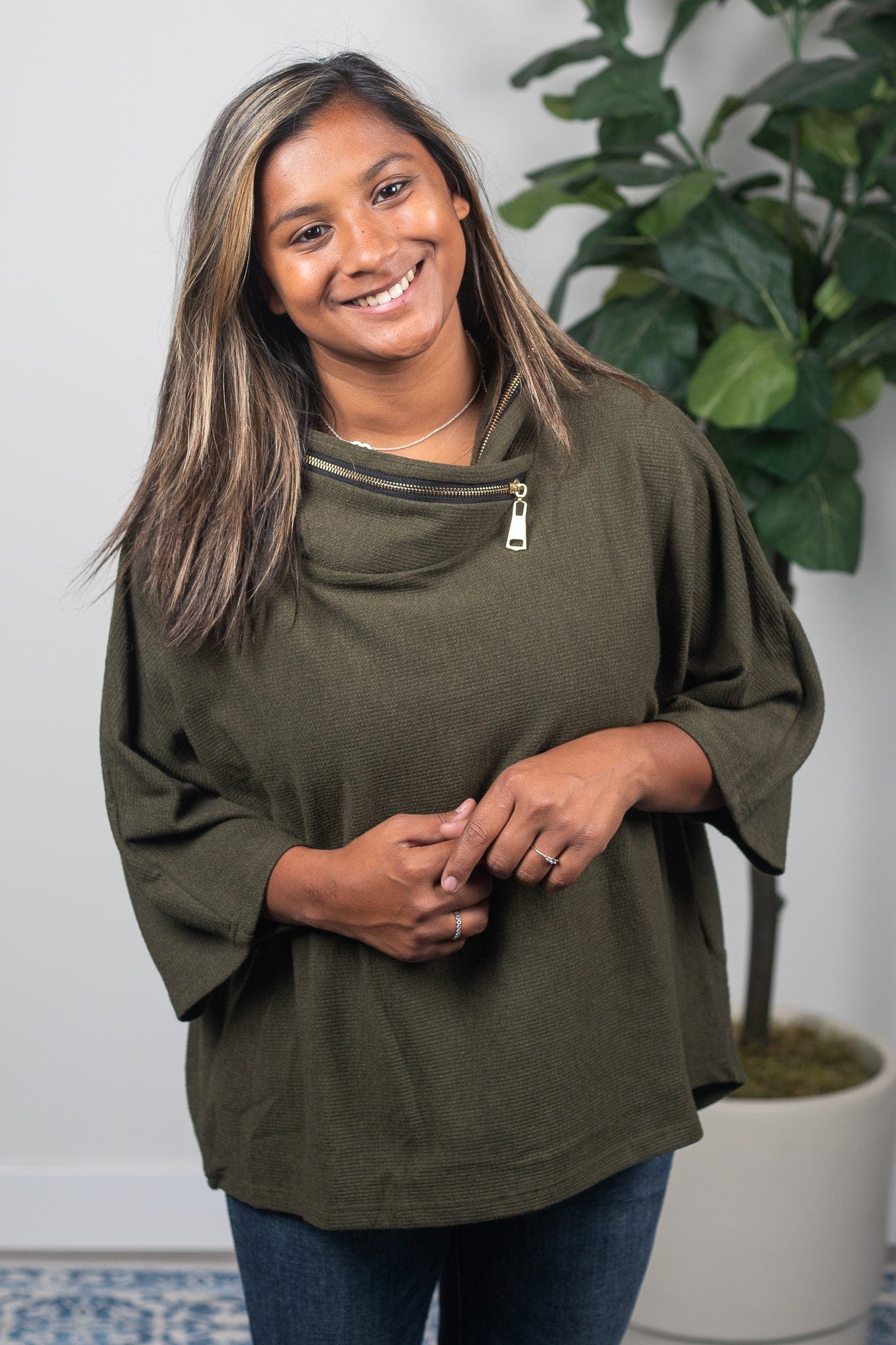 Olive Zipper Cowl Top