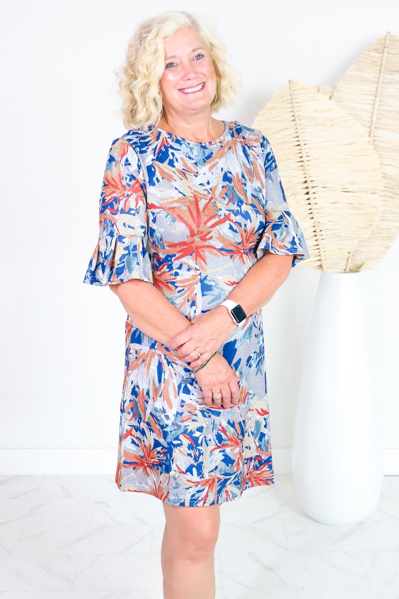 Navy & Rust Floral Audrey Ruffle Dress