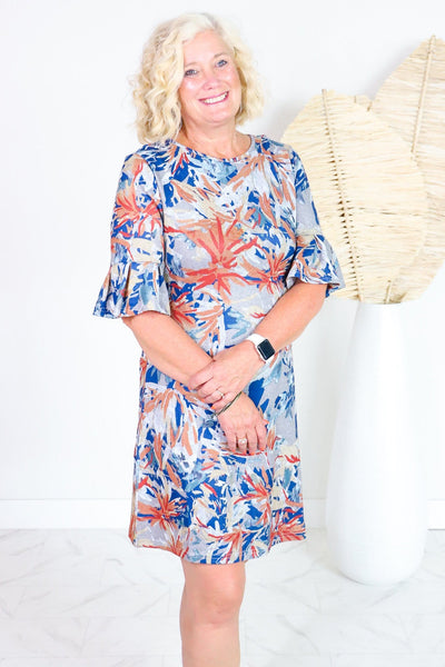 Navy & Rust Floral Audrey Ruffle Dress