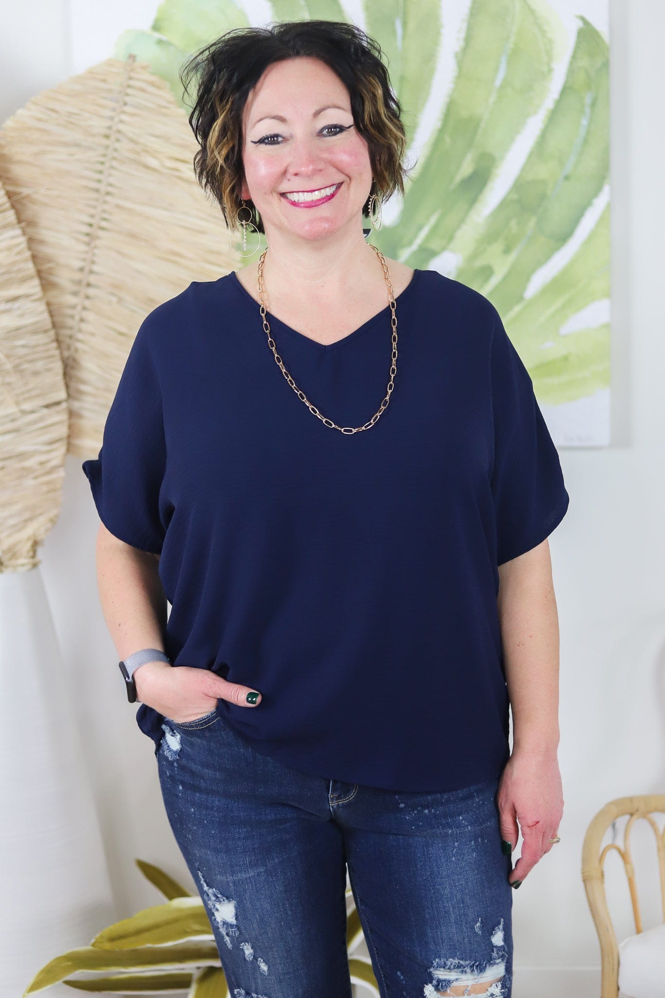 Navy V-Neck Basic Blouse
