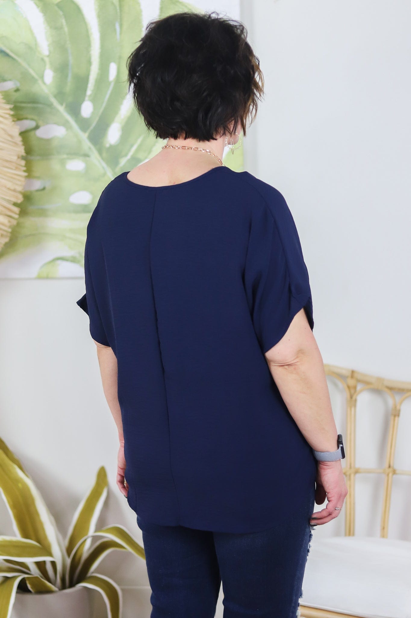 Navy V-Neck Basic Blouse