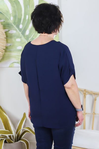 Navy V-Neck Basic Blouse