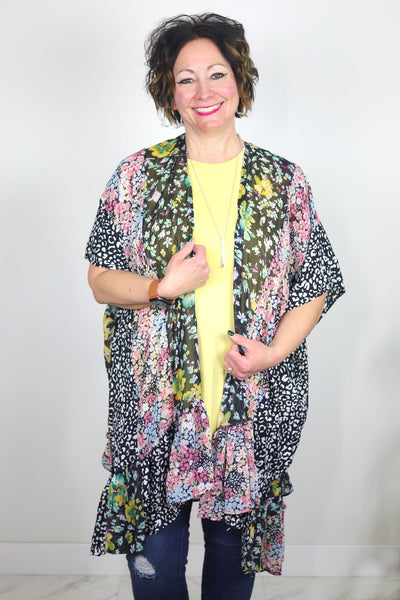 Patchwork Print Ruffle Kimono