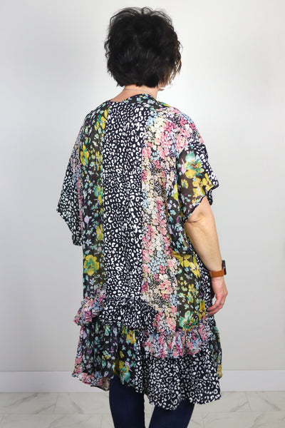 Patchwork Print Ruffle Kimono