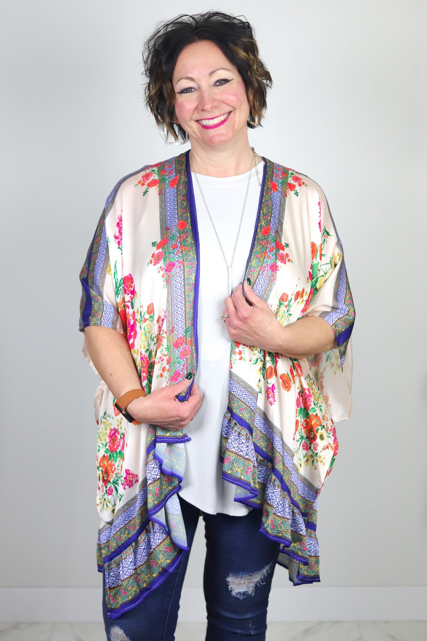 Cream Mediterranean Floral Kimono
