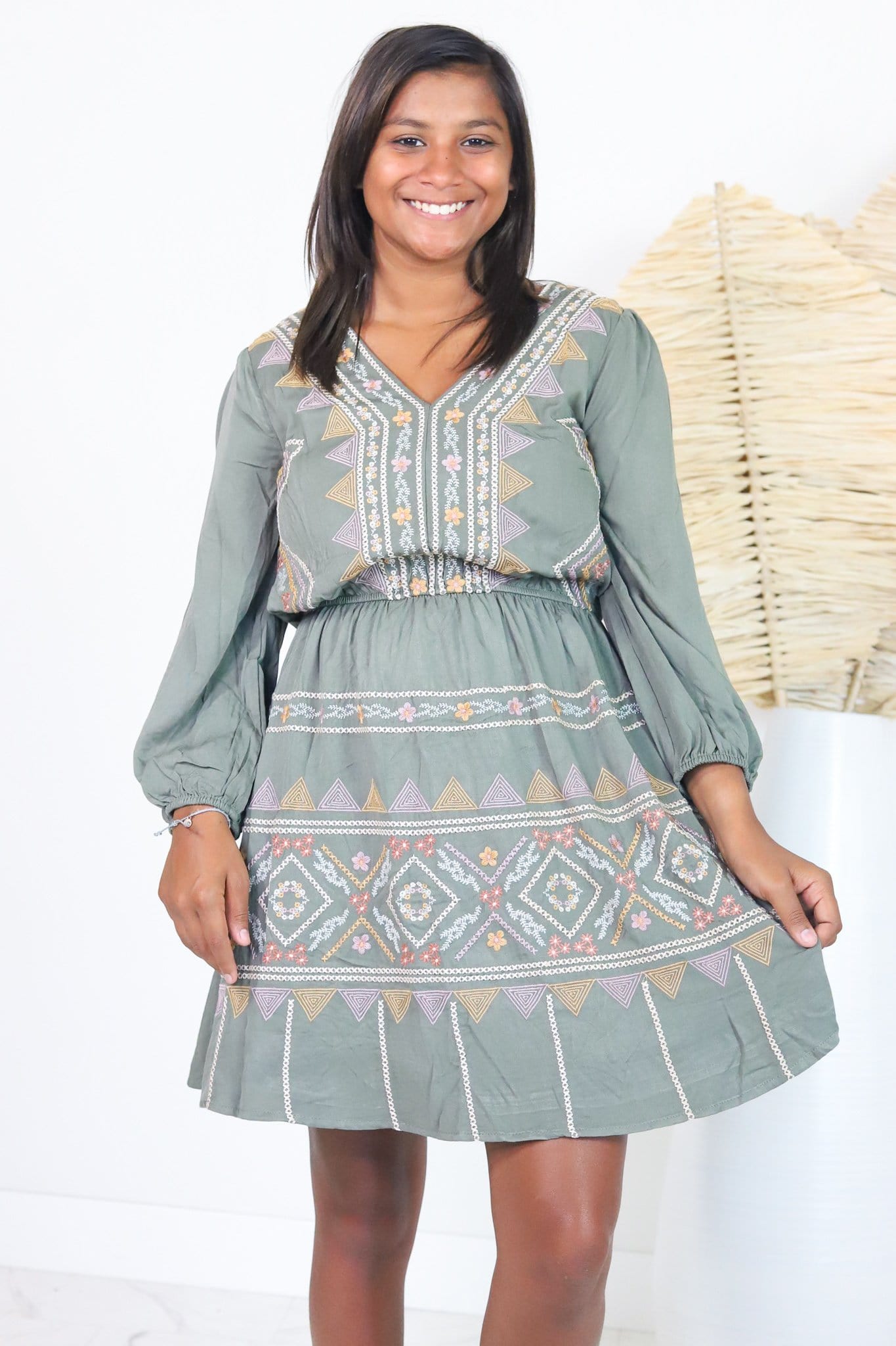 Olive Embroidered Boho Dress