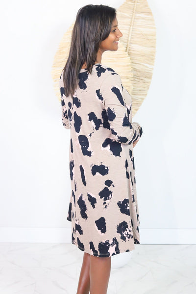 Animal Print Long Sleeve Round Neck Dress Latte Mix