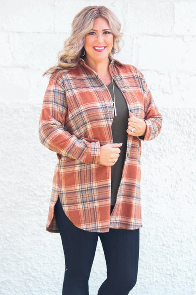 Rust Multicolor Rolled Sleeve Flannel Shacket