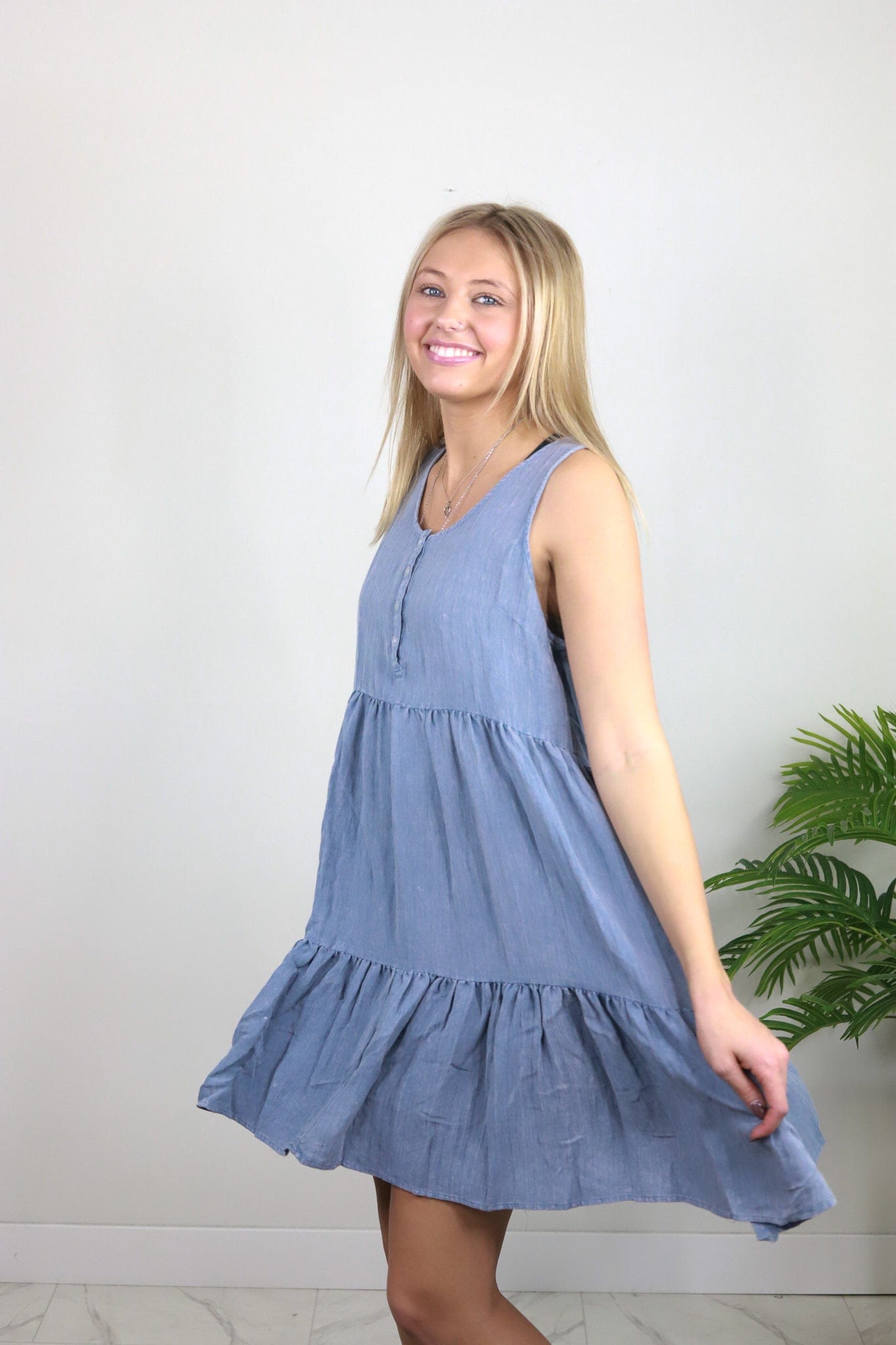 Washed Denim Tiered Dress