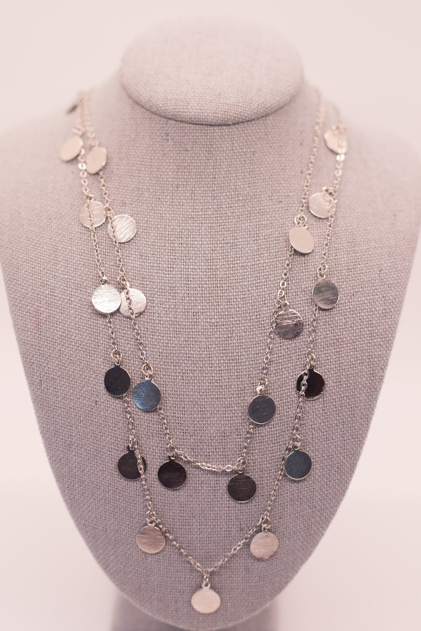 Silver Shiny Disc Hang Double Layer Necklace