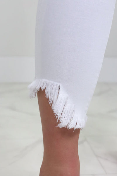 White High Rise Raw Hem Skinny
