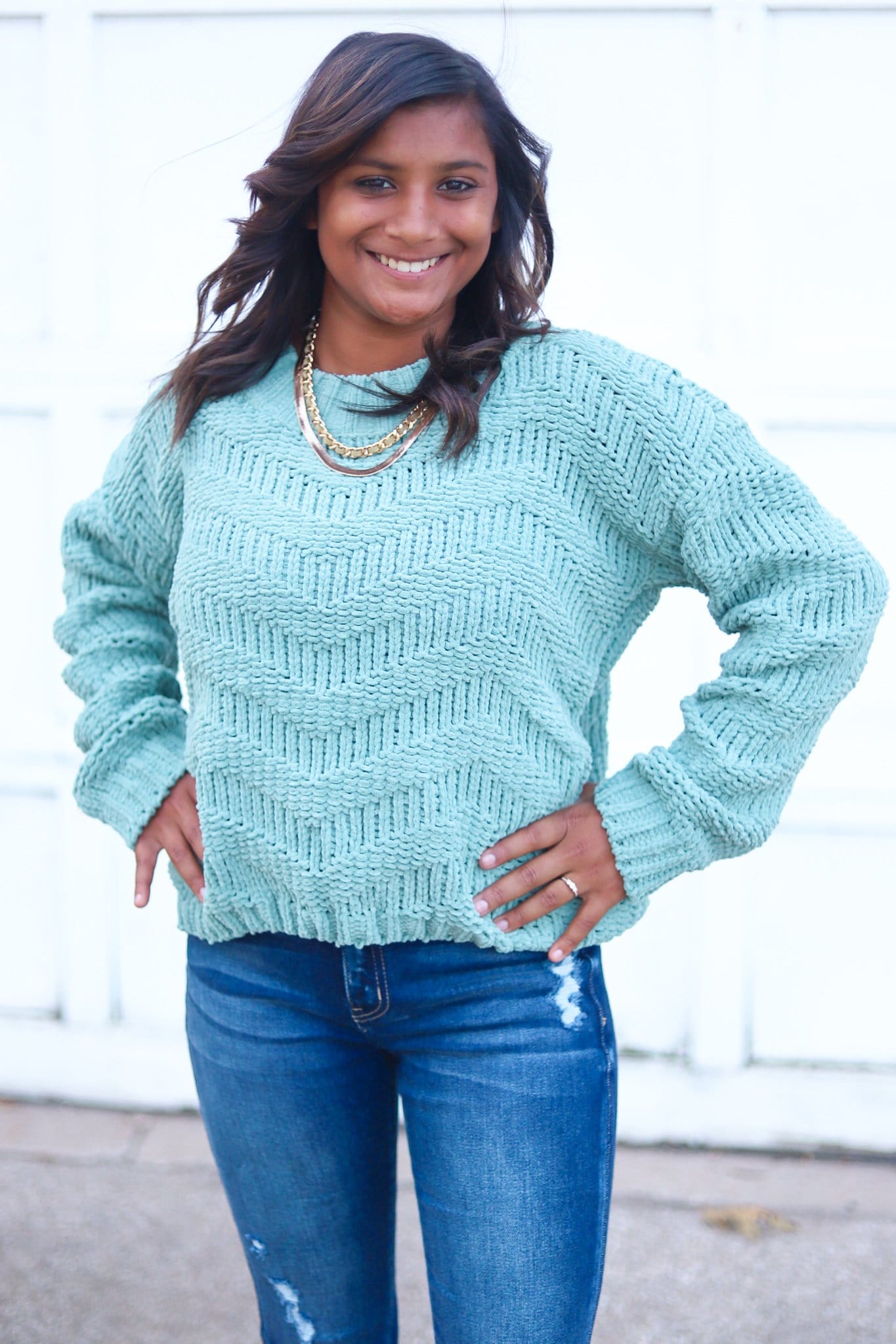 Olive Powder Chevron Chenille Knit Sweater