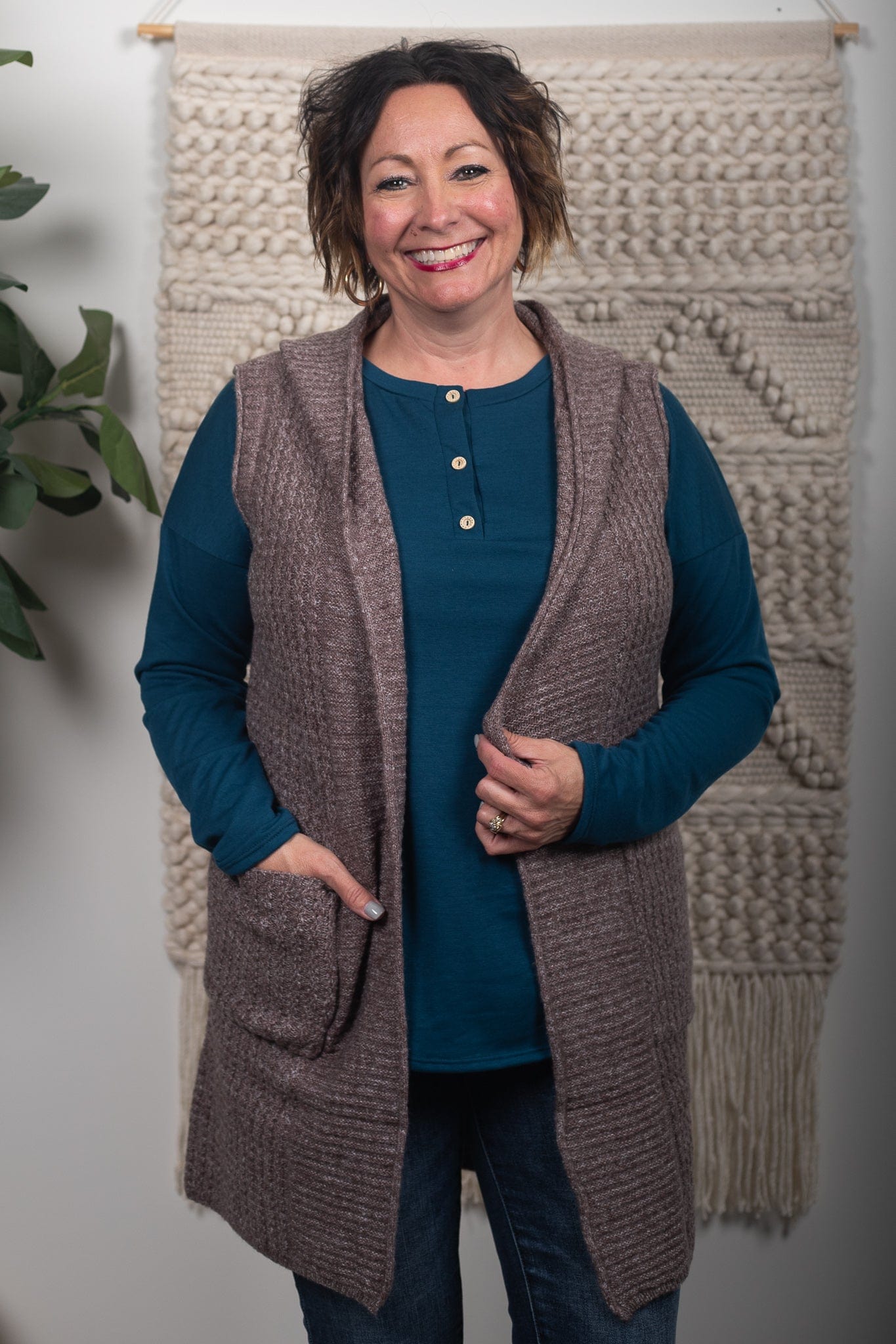 brown sleeveless cardigan