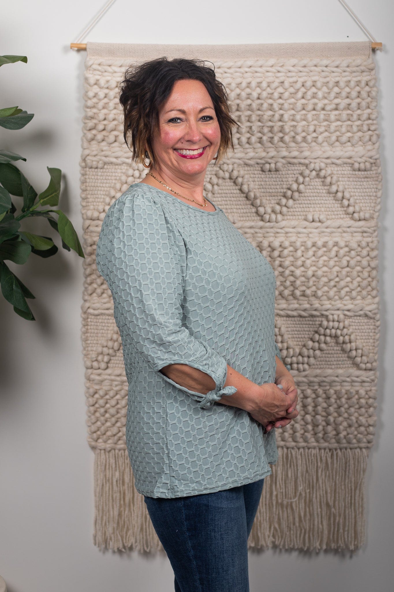 textured tie sleeve top 