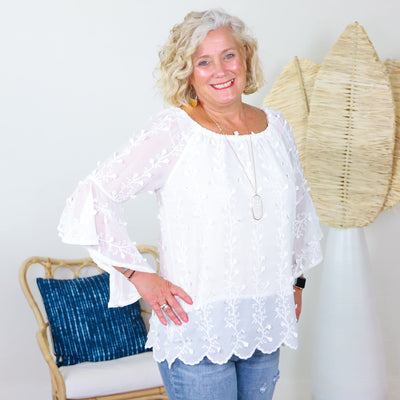 White Floral Embroidered Blouse